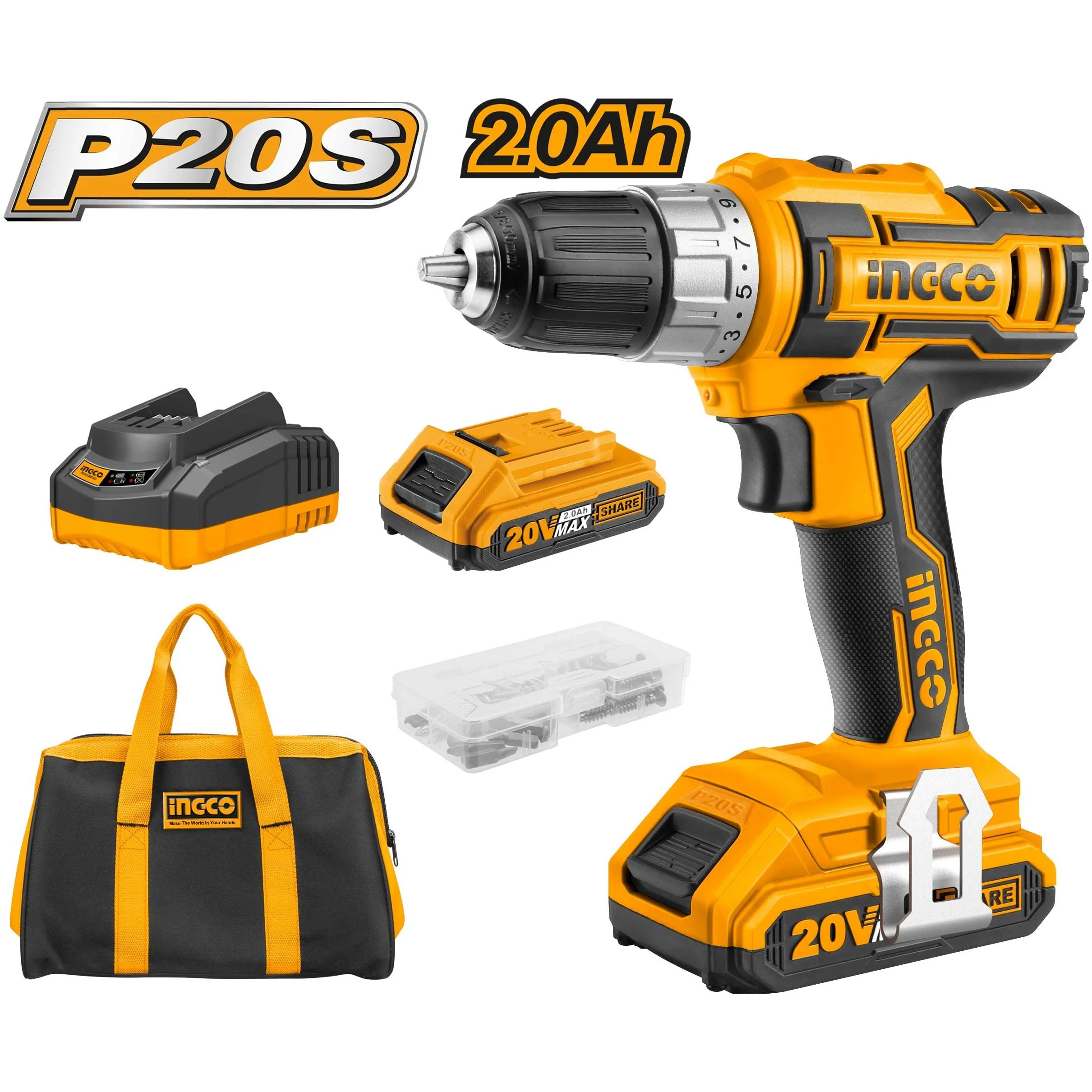 מברגה/מקדחה 20V +שתי סוללות 2A ומטען בתיק בד INGCO - Image 2